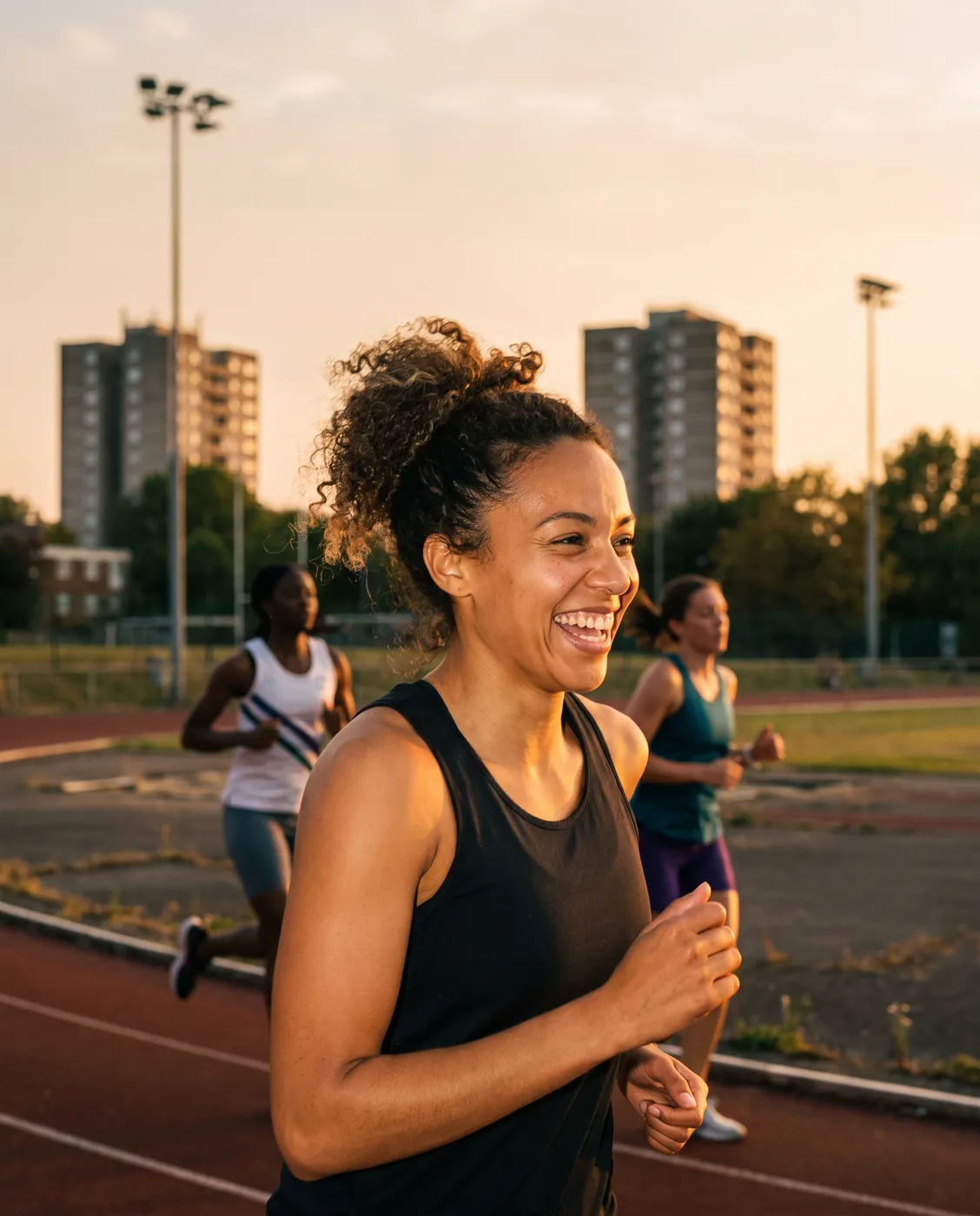 Laughing runner pushing the pace with her running club on a local track
