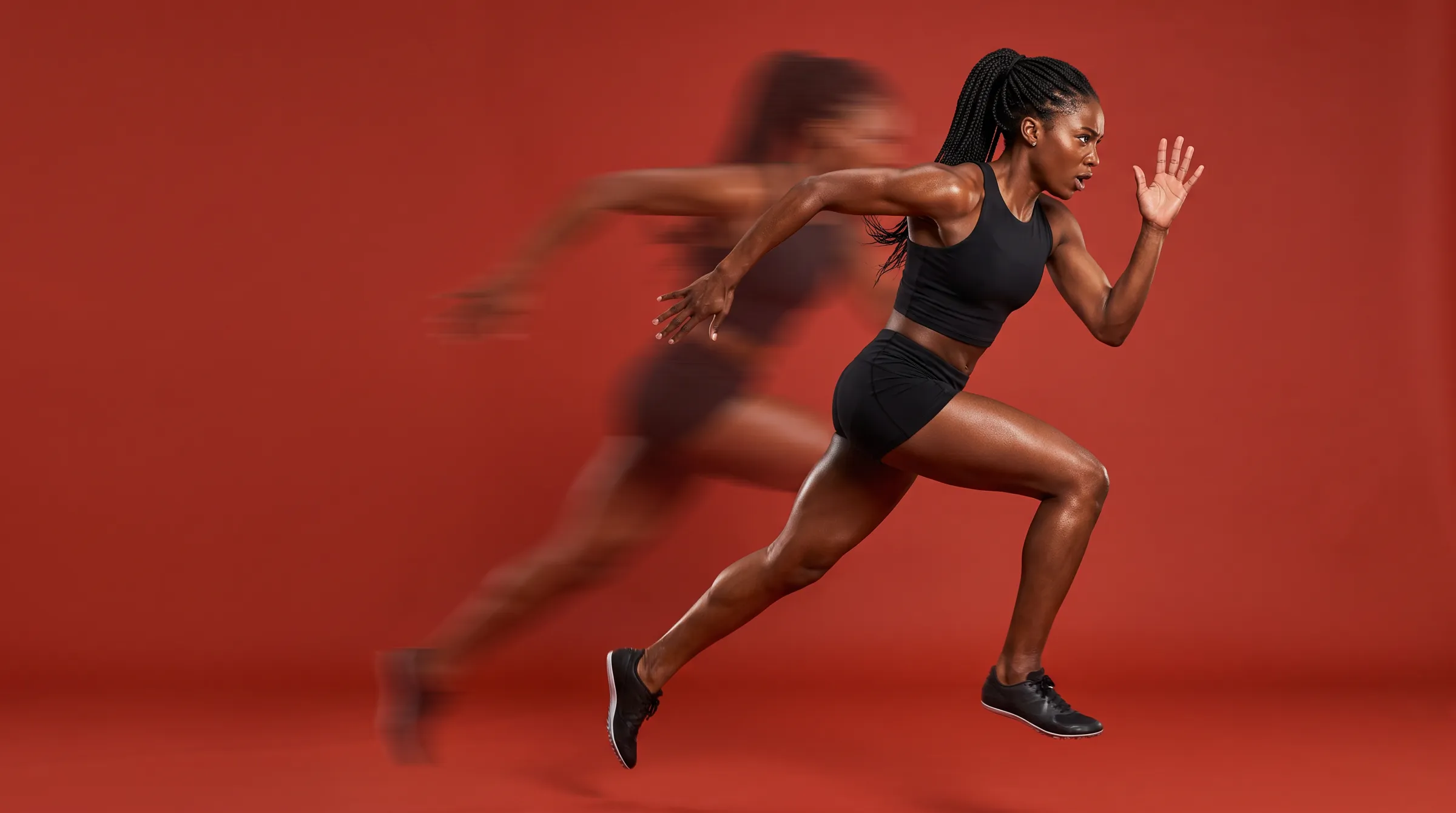Sprinter in black kit running across a track-red studio, motion trails streaming behind her